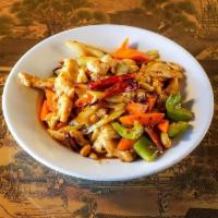 Kung Pao · Peanuts, bell peppers, carrots, celery, and Tianjin chilis stir-fried in a spicy soy reducti...