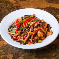 Szechuan · Bamboo, black mushrooms, bell peppers and scallions in a tangy, spicy soy sauce reduction.