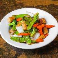 Assorted Veggies · Assorted vegetables wok-tossed in a soy reduction.
