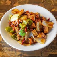 Thai Spicy Cashew · Bell peppers, onions, baby corn, Tianjin chilis, and cashews stir-fried in a spicy Thai soy ...