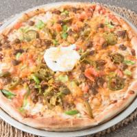 Muchacho Pizza (Large 15'') · Taco meat, salsa, Cheddar cheese, tomatoes, green peppers, jalapenos, topped with sour cream.