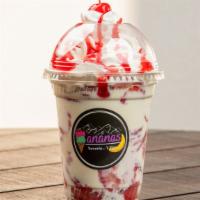 Fresas Con Crema · Strawberries with mixed cream, whipped cream and strawberry drizzle on top.