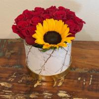 Sunset Box  · roses and a bright sunflower