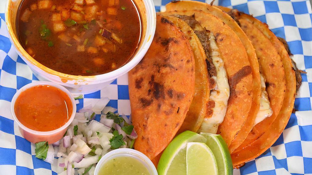 Quesataco (Each) · 2 corn tortillas cooked/crisped in a blend of consume oil along with mozzarella cheese and birria made to perfection. comes with a small side of consume that has red onions along with some cilantro!