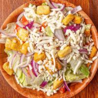 Side House Salad With Garlic Bread · Lettuce, tomatoes, red onions. Topped with croutons and cheese.
