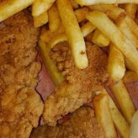Chicken Strips & Fries · Brine in buttermilk over night.  Served with side of season fries.