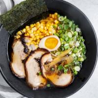 Soy Sauce (Shoyu) · Tokyo-style, savory, flavorful chicken broth, topped with tender pork belly, egg, green onio...