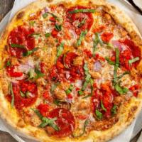 The Level Crossing Pizza · San Marzano tomato sauce, mozzarella,. pepperoni, Italian sausage, red pimiento. peppers, re...