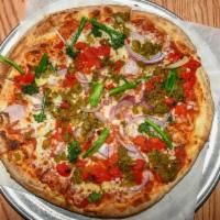 Veggin' Out Pizza · San Marzano tomato sauce, red pimiento . peppers, red onions, roasted Anaheim . peppers, whi...