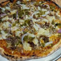 Pork Bbq Pizza · Sweet & tangy barbeque sauce, Pat’s BBQ pulled pork, red onion, roasted Anaheim peppers, moz...