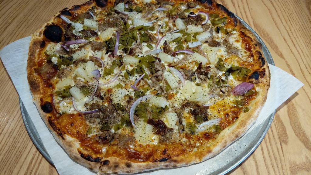 Pork Bbq Pizza · Sweet & tangy barbeque sauce, Pat’s BBQ pulled pork, red onion, roasted Anaheim peppers, mozzarella.