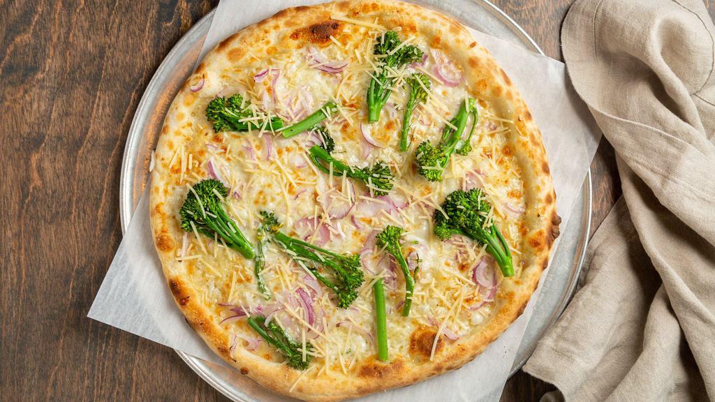 Notorious B.O.G. Pizza · Minced garlic sauce, red onion, parmesan,. broccolini, mozzarella.