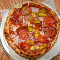 Italian Hero Pizza · San Marzano tomato sauce, mozzarella,. Genoa salami, smoked ham, red onion,. pepperoncini pe...