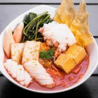 Yen Ta Fo Noodle · Wide rice noodle in pink soup, with fish balls, fish cakes, fried tofu, squid, tremella mush...