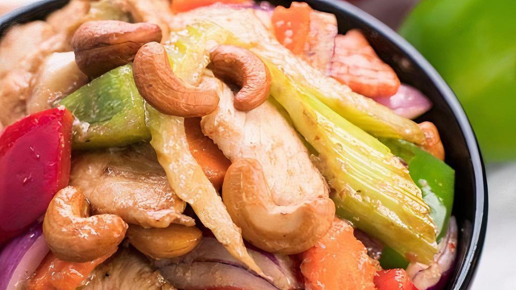 Cashew Nut · Stir-fried chicken with chili paste, cashew nuts, red and green bell peppers, onions, carrots and celery. This dish DOESN'T come with rice.