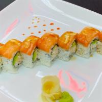 Sunset · Most popular. Inside: avocado, cucumber, and crab salad. Outside: salmon, lemon slices, and ...