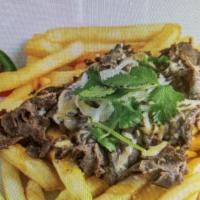 Sumo Fries · Most popular. Crispy fries topped with, thinly sliced steak, tomato, onions, jalapenos and c...