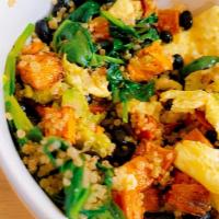Power Bowl · Quinoa, sweet potatoes, black beans, scrambled eggs, avocado, and baby spinach.
