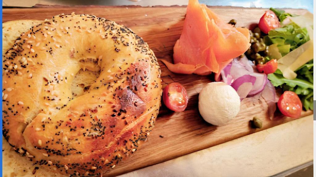 Lox · Everything bagel, cream cheese, cured smoked salmon, capers, and shaved red onion.