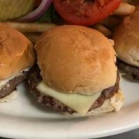 Burger Sliders · 3 sliders with a side of fries.