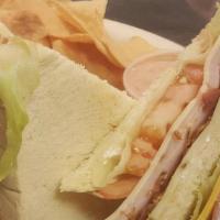 The Dam Club · 3 slices of toasted bread with turkey, ham, bacon, cheese, lettuce tomato, onion & mayo.