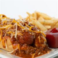 Chili Cheese Dog · 1/4 lb dog & bun topped with our homemade chili and cheese served with your choice of fry