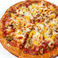 Spicy Hawaiian · Ham, pineapple, green bell pepper & jalapeños topped with mozzarella cheese on zesty red sau...