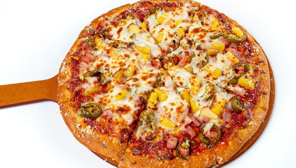 Spicy Hawaiian · Ham, pineapple, green bell pepper & jalapeños topped with mozzarella cheese on zesty red sauce.