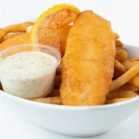 Fish N’ Chips · Fillet of halibut (3 pieces) beer battered in house, dill tartar sauce, &  your choice of fry