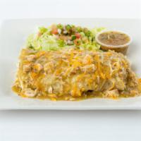 Chicken Chile Verde Burrito · A flour tortilla filled with dave’s chicken chile verde, cilantro lime rice, beans & smother...