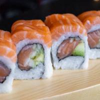 Rich Salmon Roll · Gluten-free. Salmon, cucumber, avocado and topped with salmon.