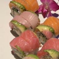 Red Rainbow Roll · Gluten-free. Salmon, yellowtail and avocado and topped with tuna.