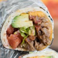 Super Burrito  · Soft flour tortilla filled with rice, beans and cheese, beef or chicken, covered with Spanis...