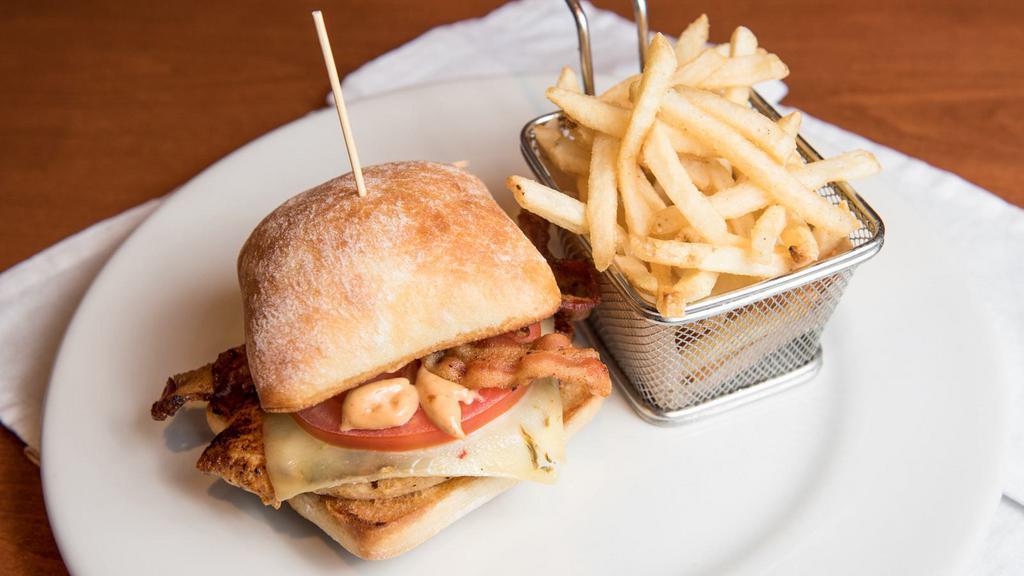 Southwest Chicken · Applewood bacon, pepper jack, chipotle sauce, tomato, ciabatta bun.