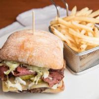 Meyer Lansky Burger · Pastrami, swiss cheese, cole slaw, pickles, Russian dressing, ciabatta bun.