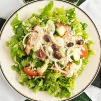 Greek Salad · Fresh lettuce, tomatoes, onions, cucumber, olives, feta cheese with tzatziki sauce and greek...