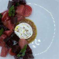 Baby Beets · hazelnut pesto, burrata, aged balsamic vinegar, olive oil