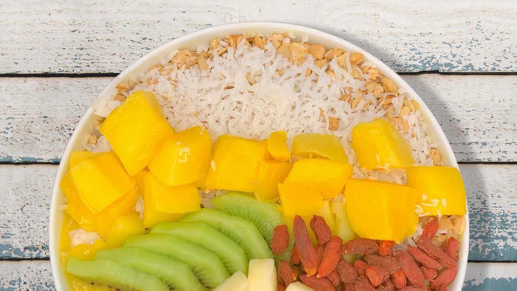 Sunrise Bowl · Pasion fruit, mango, peach

Topping; Granola, mango, pineapple, goji berry, kiwi, apple, coconut