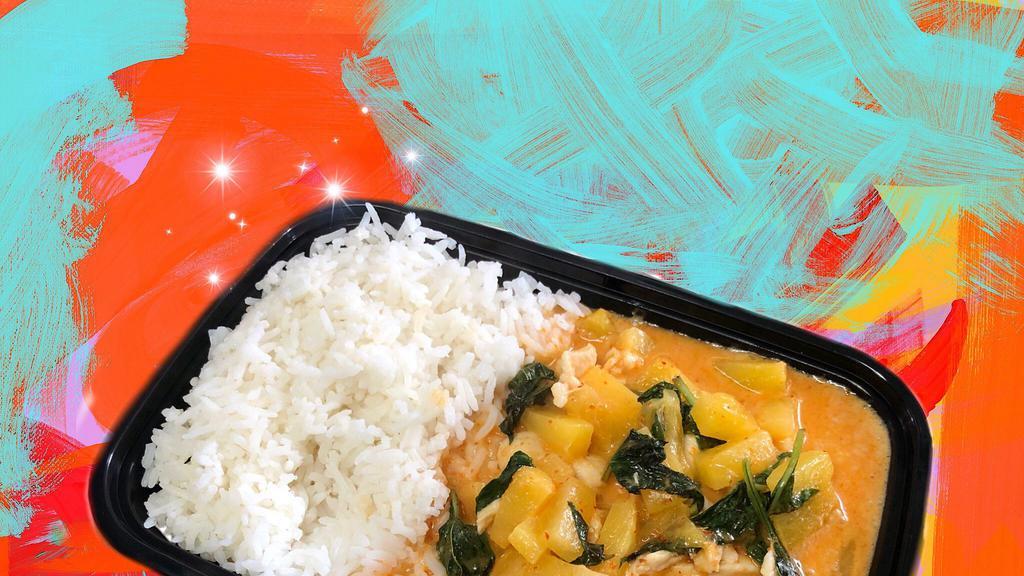 Pineapple Curry · Red curry with coconut milk, pineapple, tomatoes, bell pepper, and basil leaves.