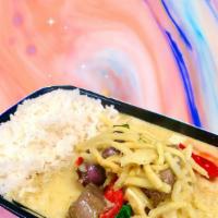 Green Curry · Green curry, eggplants, bamboo shoots, bell peppers, coconut milk, and basil leaves. Served ...