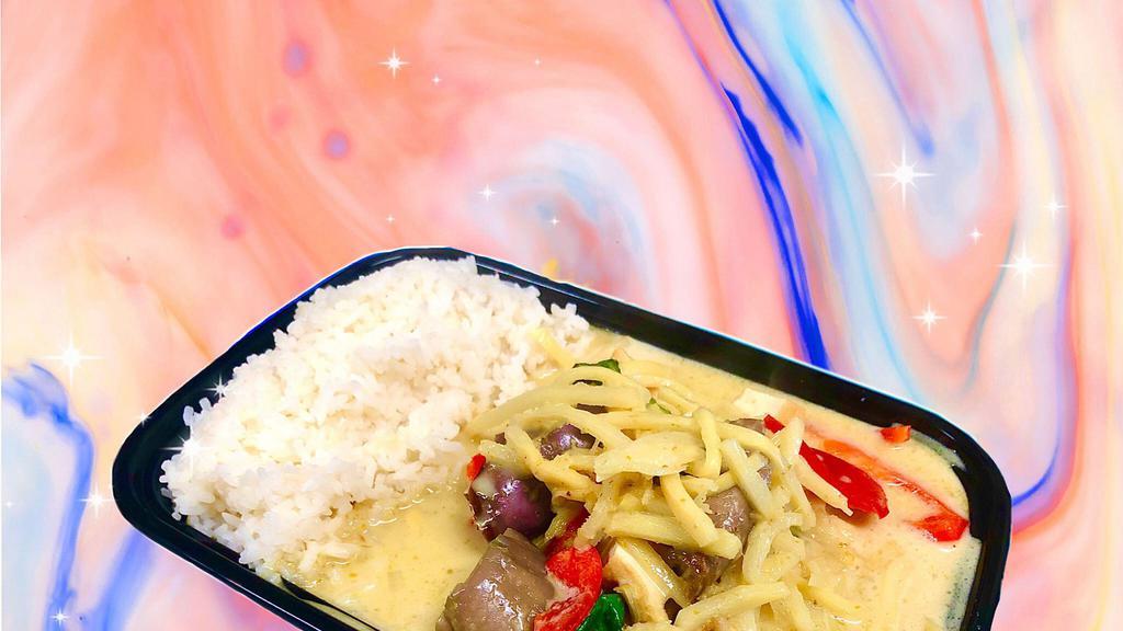 Green Curry · Green curry, eggplants, bamboo shoots, bell peppers, coconut milk, and basil leaves. Served with jasmine white rice.
