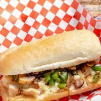 Chicken Cheesesteak Hot Sub (Full) · Chicken cheesesteak hot sub is served with grilled onions, grilled peppers, mayo, sliced chi...