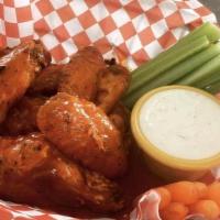 6 Piece Wings · Comes with carrots and celery with your choice of sauce plus ranch or bleu cheese.