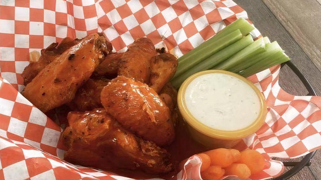 6 Piece Wings · Comes with carrots and celery with your choice of sauce plus ranch or bleu cheese.
