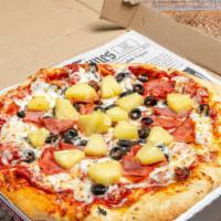 Hawaiian Pizza · Our fresh in house made dough covered with our in house made sauce with diced pineapples, bl...