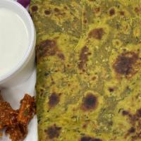 Methi (Fenugreek) Paratha · Wheat flour flat bread rolled with fenugreek, spices and cilantro. Methi is seasonal.