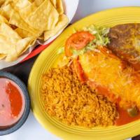 Chile Relleno Burrito · Served with rice and beans.