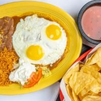 New Mexico Enchiladas · Cheese enchiladas stacked and topped with two eggs any style and sour cream. Served with ric...