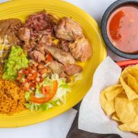 Carnitas Platter · Pork carnitas served with guacamole and pico de gallo. Choose corn or flour tortillas