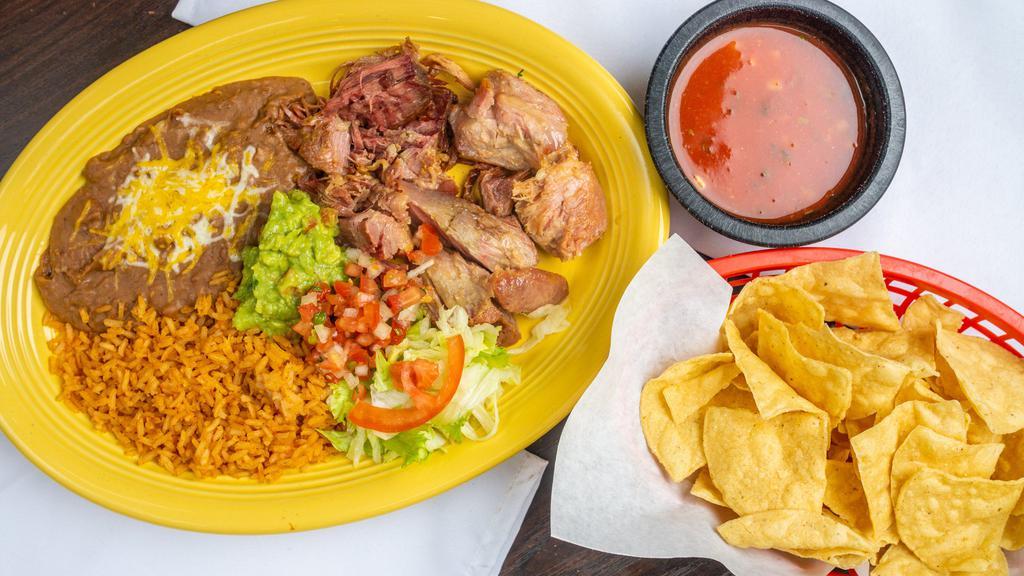 Carnitas Platter · Pork carnitas served with guacamole and pico de gallo. Choose corn or flour tortillas